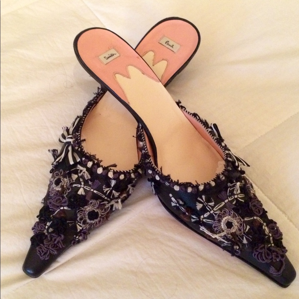 Paul Smith Appliqué/Embroidered Bow Blk Mules 40.5